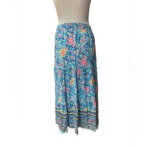 Hibluco Blue Multicolor Floral Midi A-Line Swing Skirt Women’s XL Boho Peasant